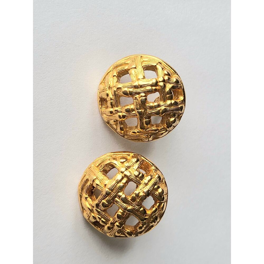 Vintage Gold Monet Earrings Pierced Signed Basket Weave Brutalist